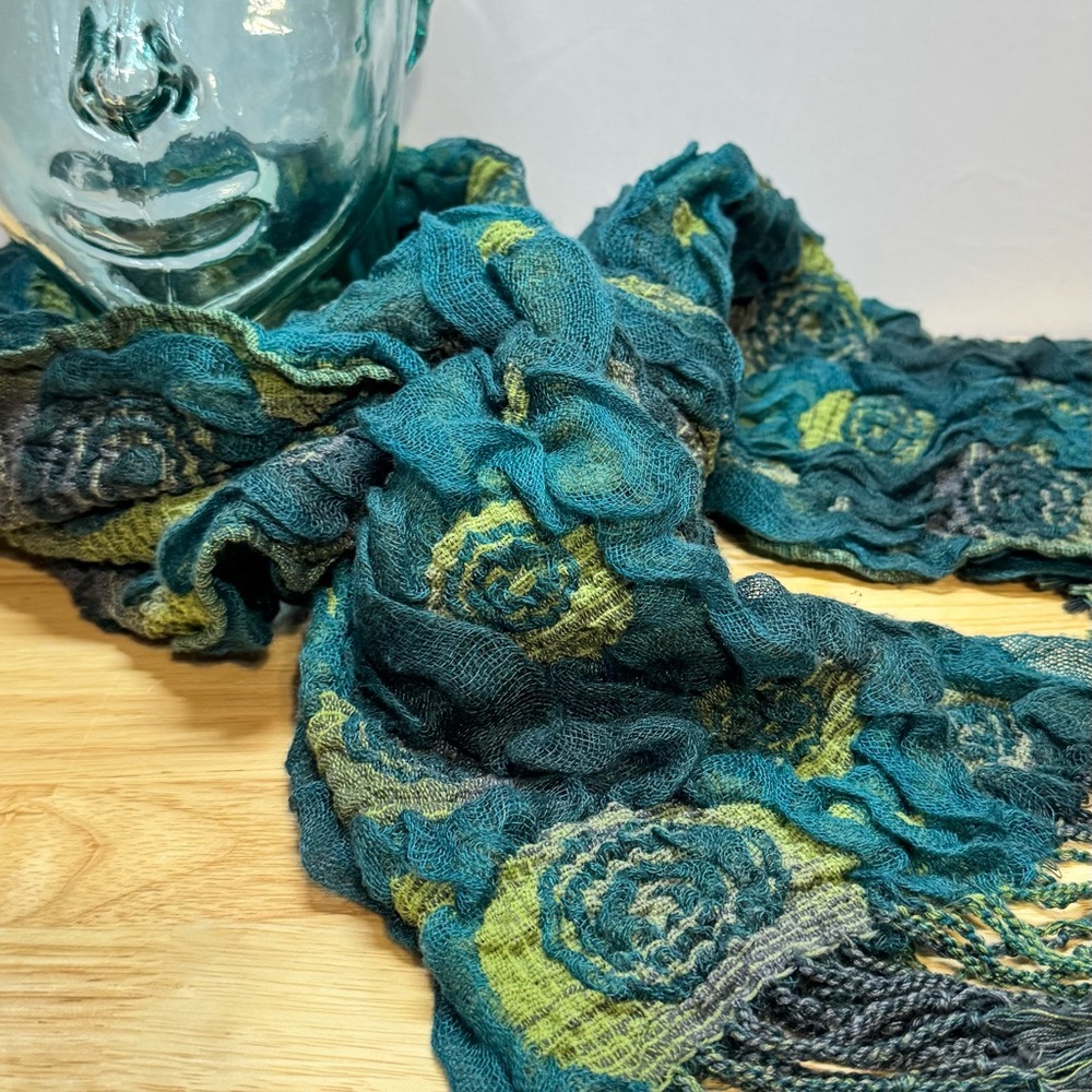 Unique Floral Scarf in Blues & Greens, Textured Flowers with Fringe - Picture 8 of 12